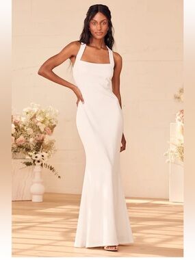 Lulu's White Square Neck Mermaid Maxi Wedding Dress